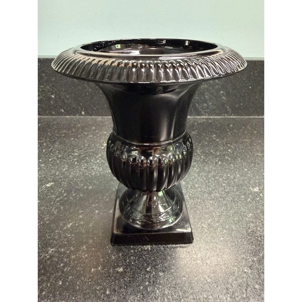 Black Urn Vase Halloween Goth Gothic Decor Glossy Pedestal 5.5
